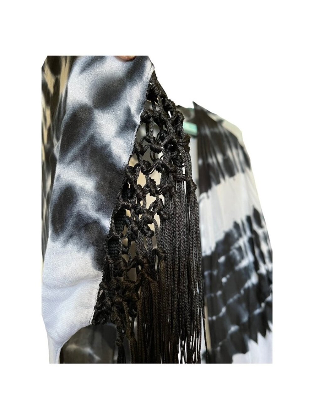 Torrid Womens Black White Tie Dye Fringe Kimono Size 1/2 - Picture 13 of 15